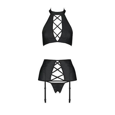 Комплект з еко-шкіри з імітацією шнурівки Nancy Set black L/XL - Passion топ, трусики та пояс для па SO5373 фото