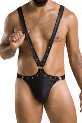 Чоловіче боді з люверсами Passion Harry XXL/XXXL, екошкіра, чорне, на шлейках SO7557 фото