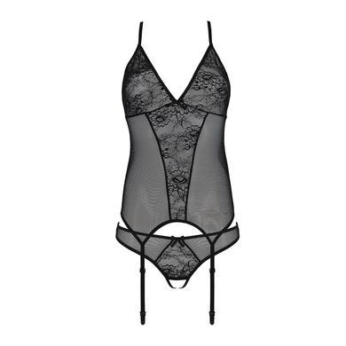 Корсет Passion Ursula Corset black XXL/XXXL, с пажами, трусики с ажурным декором и открытым шагом SO5837 фото